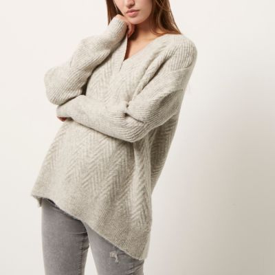 Grey oversized V neck knit jumper
